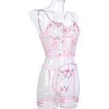 Pink Embroidery Floral Lace-Up Sexy Three-Piece Lingerie Set
