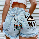 Eye Graffiti Pattern Denim Shorts For Women
