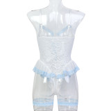 Contrast Color Lace Slim Fit Lace-Up Strap Lingerie Three-Piece Set