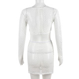 Autumn Sexy Slim Hollow Crop Mesh Two Piece Skirt Set