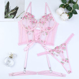 Pink Embroidery Floral Lace-Up Sexy Three-Piece Lingerie Set