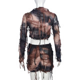 Autumn Crop Tie-Dyed Long Sleeve Slim Two Piece Skirt Set For Women