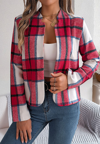 Autumn Winter Casual Plaid Long Sleeve Women Tweed Coat
