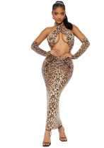 Leopard Print Sexy Dress Sequins Hollow Halter Neck Low Back Split Sleeve Formal Party Gown Leopard Print Sexy Dress Sequins Hollow Halter Neck Low Back Split Sleeve Formal Party Gown