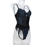 Printed Mesh Patchwork Pu Leather Cross Lace-Up Bow Tight Fitting Irregular Strap Bodysuit