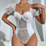 Fashionable Floral Puff Sleeves Printed Hollow See-Through Sexy Women's Bodysuit