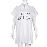 Summer Loose Zipper Printed Stand Collar Short-Sleeved Dress For Women