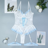 Contrast Color Lace Slim Fit Lace-Up Strap Lingerie Three-Piece Set