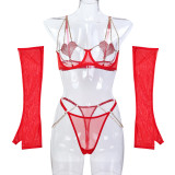 Christmas Holiday Red Heart Print Crystal And Metal Chain Hollow Sexy Lingerie Four-Piece Set