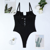 Printed Mesh Patchwork Pu Leather Cross Lace-Up Bow Tight Fitting Irregular Strap Bodysuit