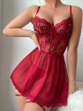 Sexy Lingerie Lace See-Through Temptation Nightdress Thong Two-Piece Set