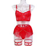 Sexy Lingerie Red Lace Metal Chain See-Through Mesh Tutu Skirt Four-Piece Set