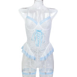 Contrast Color Lace Slim Fit Lace-Up Strap Lingerie Three-Piece Set