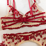 Women Embroidered Flowers Gathered See-Through Sexy Lingerie Set