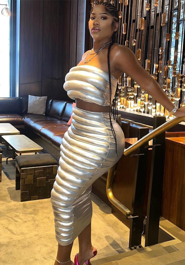 Winter Women's Sexy Cotton-Padded Crop Strapless Top Slim Long Skirt Two Piece Set