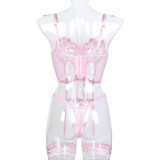 Pink Embroidery Floral Lace-Up Sexy Three-Piece Lingerie Set