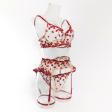 Women Embroidered Flowers Gathered See-Through Sexy Lingerie Set