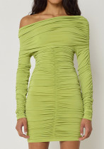 Autumn Winter Chic Solid Round Neck Long Sleeve Pleated Slim Dress Autumn Winter Chic Solid Round Neck Long Sleeve Pleated Slim Dress