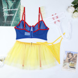 Blue Contrast Mesh Yellow See-Through Sexy Lingerie Hollow Fishnet Stockings Four-Piece Suit For Women