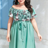 Off Shoulder Slim Waist Print A-Line Plus Size Elegant Chic Holidays Long Dress