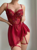 Sexy Lingerie Lace See-Through Temptation Nightdress Thong Two-Piece Set