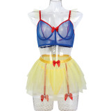 Blue Contrast Mesh Yellow See-Through Sexy Lingerie Hollow Fishnet Stockings Four-Piece Suit For Women