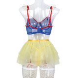 Blue Contrast Mesh Yellow See-Through Sexy Lingerie Hollow Fishnet Stockings Four-Piece Suit For Women