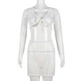 Autumn Sexy Slim Hollow Crop Mesh Two Piece Skirt Set