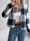 Autumn Winter Casual Plaid Long Sleeve Women Tweed Coat