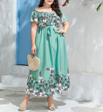 Off Shoulder Slim Waist Print A-Line Plus Size Elegant Chic Holidays Long Dress