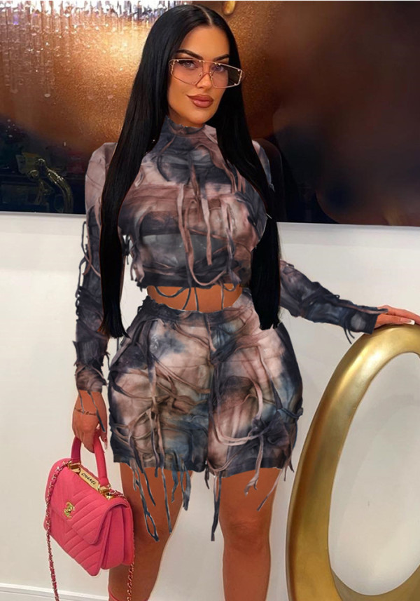 Autumn Crop Tie-Dyed Long Sleeve Slim Two Piece Skirt Set For Women