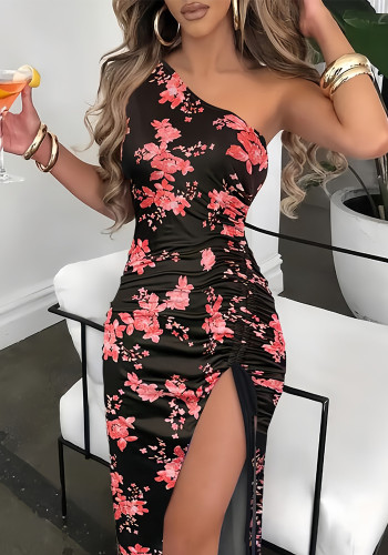 Summer Slash Shoulder Print High Slit Long Dress