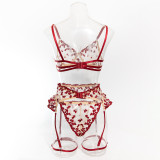 Women Embroidered Flowers Gathered See-Through Sexy Lingerie Set