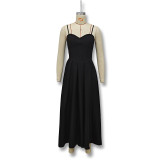 Women's Summer Sexy Black Low Back V-Neck Strap Long Dress
