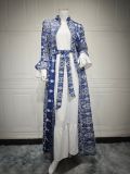 Autumn Winter Dubai Bell Bottom Sleeve Elegant Long Dress Embroidered Robe Cardigan Two-Piece Suit