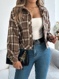Autumn Winter Casual Plaid Fake Pocket Long Sleeve Women Tweed Jacket