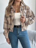 Autumn Winter Casual Plaid Fake Pocket Long Sleeve Women Tweed Jacket