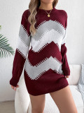 Autumn Winter Casual Color Block Lantern Sleeve Women Sweater Dress