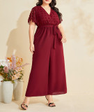 Autumn Winter Mesh Patchwork Lace Straight Loose High Waist Jumpsuit