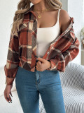 Autumn Winter Casual Plaid Fake Pocket Long Sleeve Women Tweed Jacket