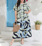 Plus Size Women's Career Chic Autumn Fashion Printed Loose Short Sleeve Long Dresses
