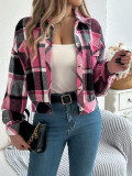 Autumn Winter Casual Plaid Fake Pocket Long Sleeve Women Tweed Jacket
