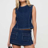 Women American Retro Pocket Tie Denim Pants Skirt