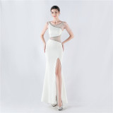 Women Beaded See-Through Mesh Split Evening Dress