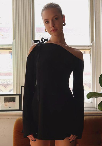 Women Fall Solid One-shoulder Slash Shoulder Long Sleeve Ruffle Bodycon Dress