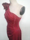 Women Beaded Flower Pleated Off-shoulder Split Evening Dress