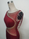 Women Beaded See-Through Mesh Split Evening Dress