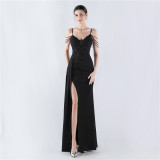 Women Beaded Flowered Fishbone Beaded Evening Dress