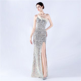 Women Ostrich Feather Beaded Evening Dress