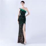 Women Ostrich Feather Beaded Evening Dress